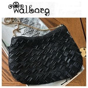 Vintage Basket Weave Black Beaded Bag with Gold Snake Chain